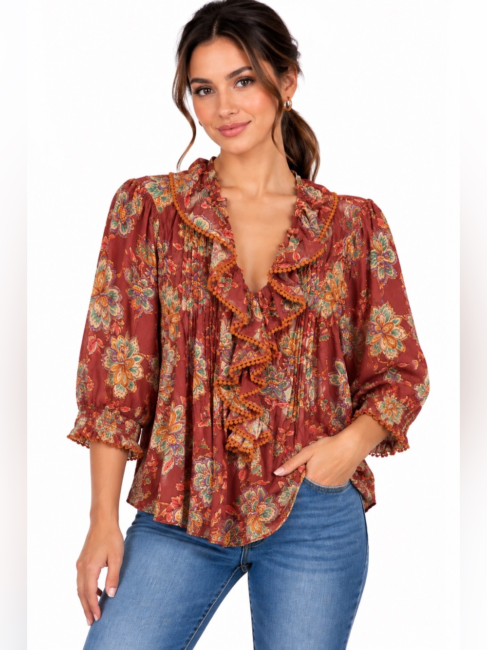Rust Floral Ruffle-Front Blouse with 3/4 Puff Sleeves